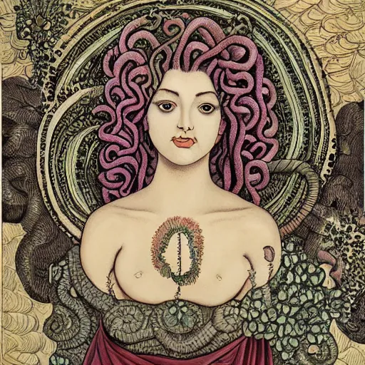 Prompt: detailed, portrait of medusa, beautiful, pretty girl, surrounded by lotus flowers and geometry