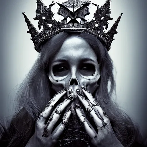 Image similar to skull queen with an origami crown, hints of silver jewelry, gothic, eerie, intricate detail, dramatic lighting, mist, grey, 4k