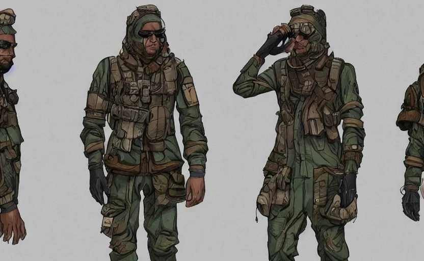 Prompt: clothes design of scientist soldier survivalist character gang, hyperrealistic, beautifully rendered