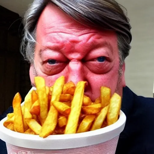 Prompt: [ french fries ] as ( stephen fry ) hybrid intercross mix