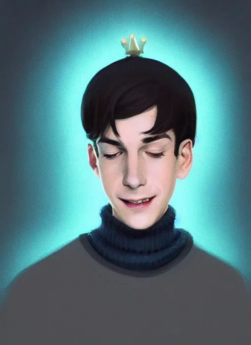 Image similar to portrait of teenage jughead jones wearing a light grey crown, crown, blue turtleneck, closed eyes, eyes closed, smile, crown, black hair, intricate, elegant, glowing lights, warm lighting, highly detailed, digital painting, artstation, concept art, smooth, sharp focus, illustration, art by wlop, mars ravelo and greg rutkowski