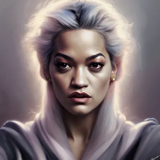 Image similar to Rita Ora , colorful painting on grey scale face, powerful , magic, thunders, dramatic lighting, intricate, wild, highly detailed, digital painting, artstation, concept art, smooth, sharp focus, illustration, art by artgerm and greg rutkowski and alphonse mucha, footage