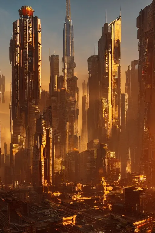 Image similar to cyberpunk cityscape with tall buildings at dusk golden hour orange cinematic lighting, epic composition. A golden daylight, hyper-realistic environment. Hyper and intricate detail, photo-realistic. Cinematic and volumetric light. Epic concept art. Octane render and Unreal Engine, trending on artstation