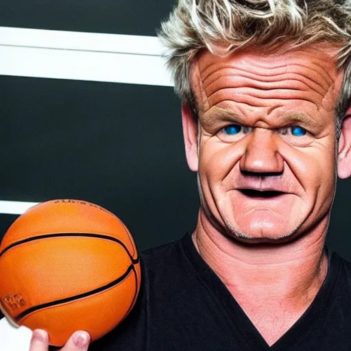 Prompt: angry!! gordon ramsey eating a basketball, tv still