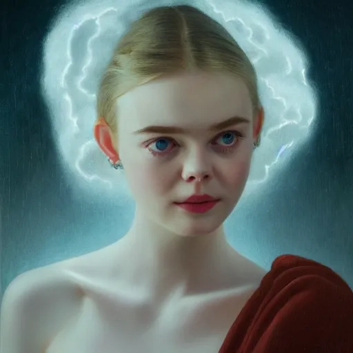 Prompt: Elle Fanning in the style of Paola Vetri, head and shoulders portrait, stormy weather, extremely detailed masterpiece, oil on canvas, low-key neon lighting, artstation, Beyond the Black Rainbow, Roger Deakin’s cinematography, by J. C. Leyendecker and Peter Paul Rubens and Edward Hopper and Michael Sowa,