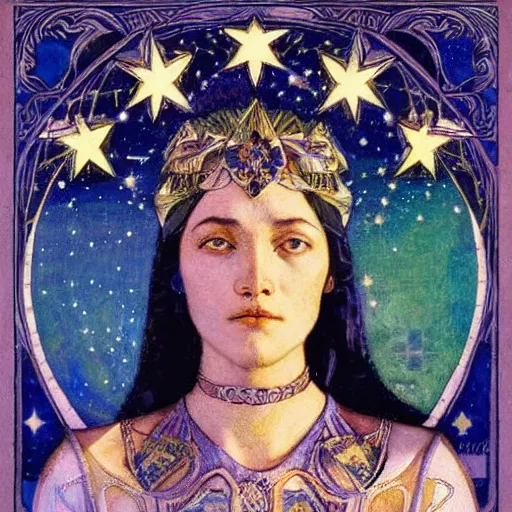 Image similar to queen of the moon with stars in her hair, by nicholas roerich and annie swynnerton and donato giancola and dulac, dramatic lighting, god rays, geometric tattoos, rich colors, smooth sharp focus, extremely detailed, leo and diane dillon, adolf wolfli