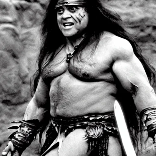 Prompt: Danny DeVito as Conan the barbarian, film still