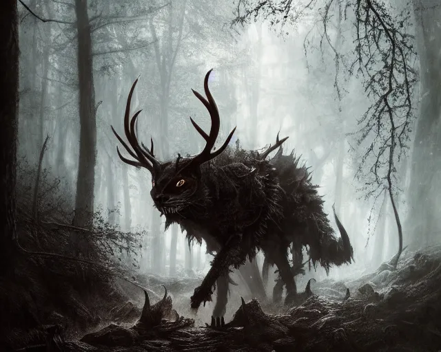 Image similar to 5 5 mm portrait photo of an armored demonic cat with antlers, in a magical forest. dark atmosphere. art by greg rutkowski. highly detailed 8 k. intricate. lifelike. soft light. nikon d 8 5 0.