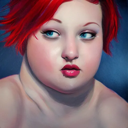 Image similar to beautiful oil painting of a fat woman with a red pixie cut, beautiful eyes, cute fact, volumetric lights, highly detailed, concept art, sharp focus, beautiful face