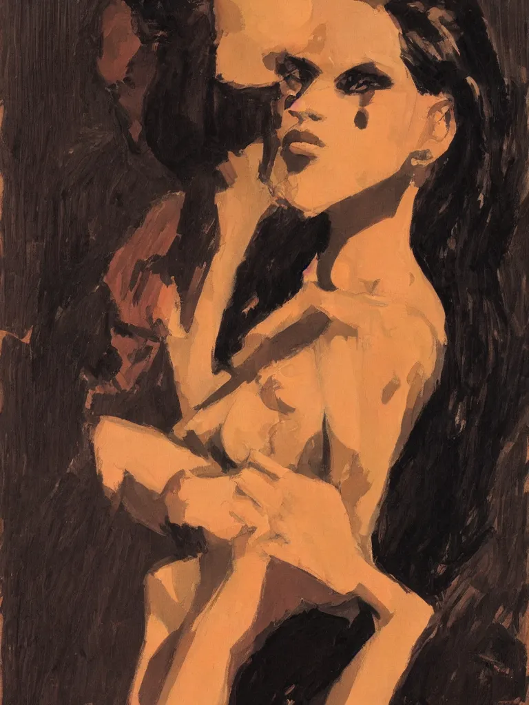 Image similar to portrait profile of one mysterious dark beautiful women in 1 9 7 8, oil painting by john watkiss