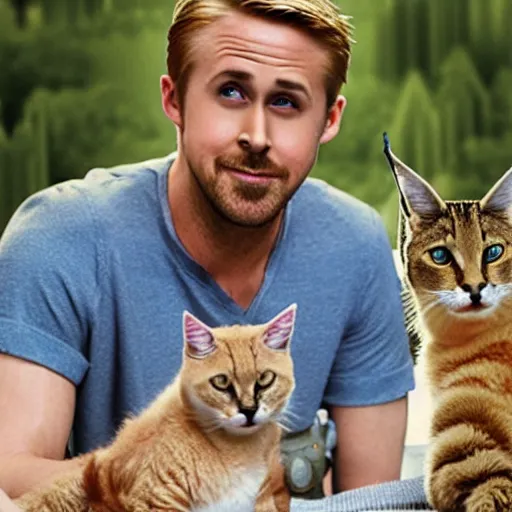 Image similar to Ryan Gosling and the cat Caracal