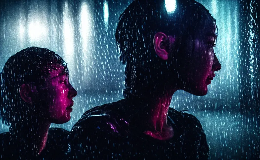 Prompt: cinestill 5 0 d candid photographic portrait by christopher nolan of two loving female androids sobbing wearing rugged black mesh techwear in treacherous waters, flooded city, medium closeup, modern cyberpunk moody emotional cinematic, pouring iridescent rain bright spotlight, 8 k, hd, high resolution, 3 5 mm, f / 3 2, ultra realistic faces, ex machina