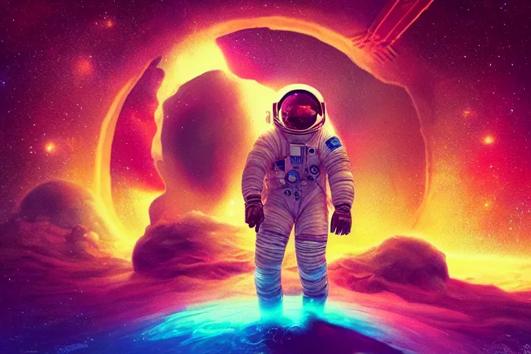 Image similar to an astronaut opening a door that leads to another planet, door is a portal to another planet, flooko style, vaporwave, synthwave, ambient lighting, cinematic lighting, retro, psychedelic, digital art, acrylic, detailed,