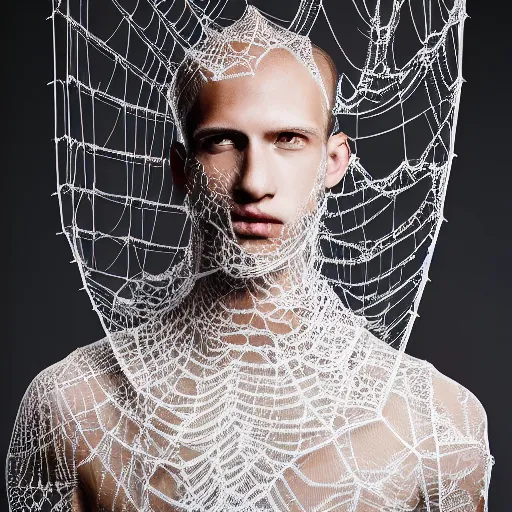 Image similar to a portrait of a beautiful young male wearing an alexander mcqueen bodysuit made of spiderweb lace , photographed by andrew thomas huang, artistic