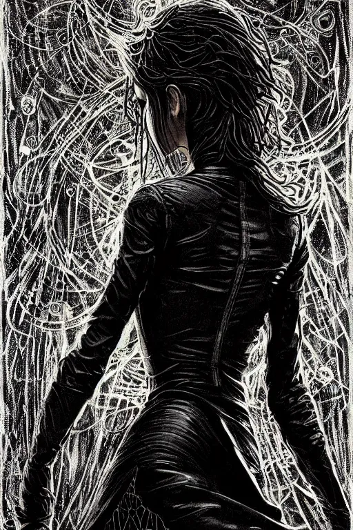 Prompt: dreamy gothic girl, black leather slim clothes, attractive and amazing, beautiful woman body, detailed acrylic, grunge, intricate complexity, by dan mumford and by alberto giacometti, peter lindbergh