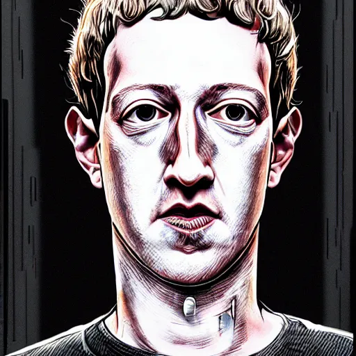 Prompt: beautifully detailed futuristic dystopian mugshot portrait of mark zuckerberg as highly augmented cyborg, pen, ink, copic marker, complex massive detail, by enki bilal