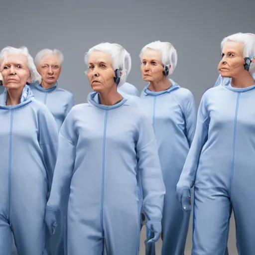 Image similar to troop of very old women with white bob hairdos, tight light blue neopren suits, futuristic cloning facility, sci - fi, highly detailed, cinematic