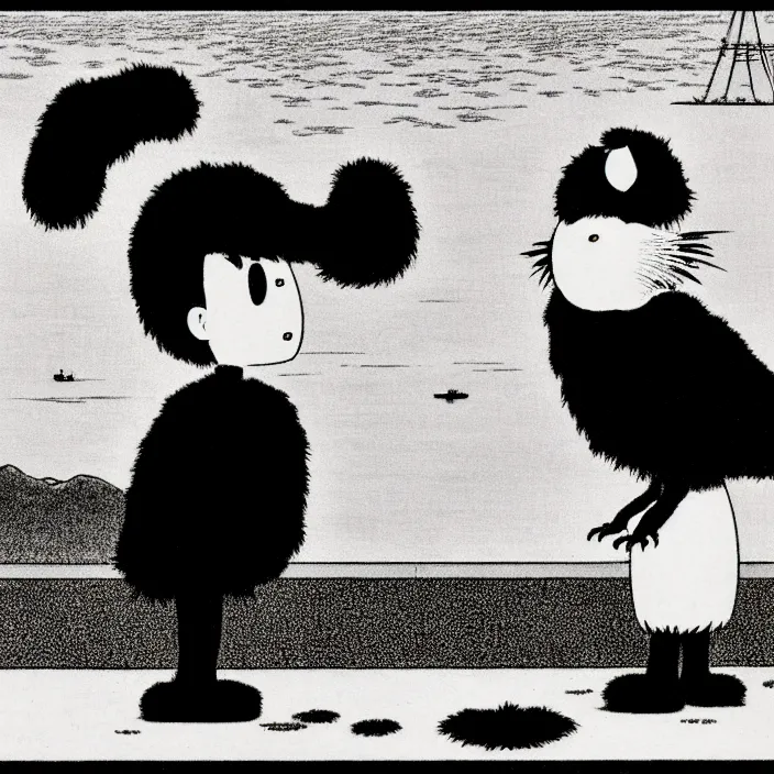 Prompt: a still frame from comic strip, black fluffy hairy bird 1 9 5 0, hasui kawase, new yorker illustration, monochrome bw, lineart, manga, tadanori yokoo, simplified,