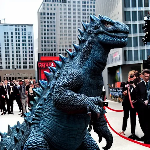 Prompt: photo of godzilla on the red carpet at the premier of his new feature film, in the style of a tabloid magazine