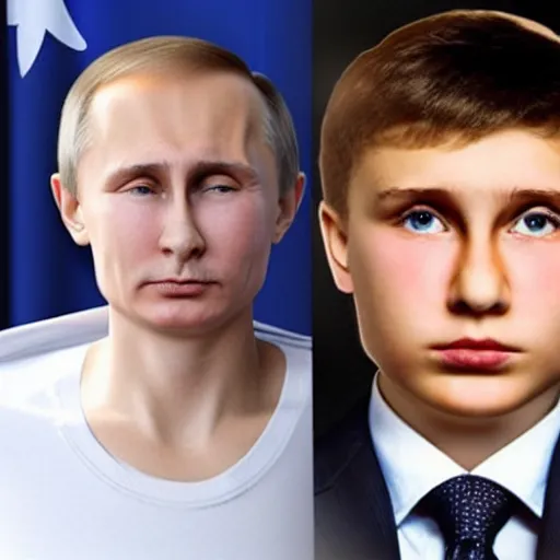 Image similar to putin teams up with a mysterious teenage putin, perfect faces