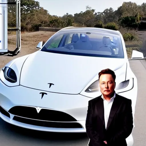 Image similar to elon musk breaking his tesla in his garage the background is the view of 3 tesla