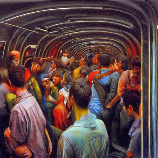 Prompt: photorealist painting of a crowded subway train, inside a metro car, ratp, many people, agoraphobia, exhausting, hot summer, sweating, moist, humidity, bleak light, cold neon lighting, inspired by beksinski, by francis bacon, by pablo picasso