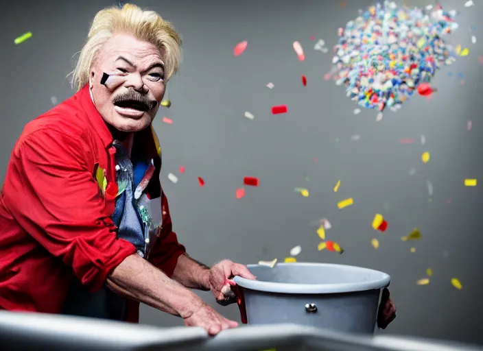 Image similar to photo still of rip taylor in patient surgery room!!!!!!!! at age 5 4 years old 5 4 years of age!!!!!!! throwing confetti from a bucket, 8 k, 8 5 mm f 1. 8, studio lighting, rim light, right side key light