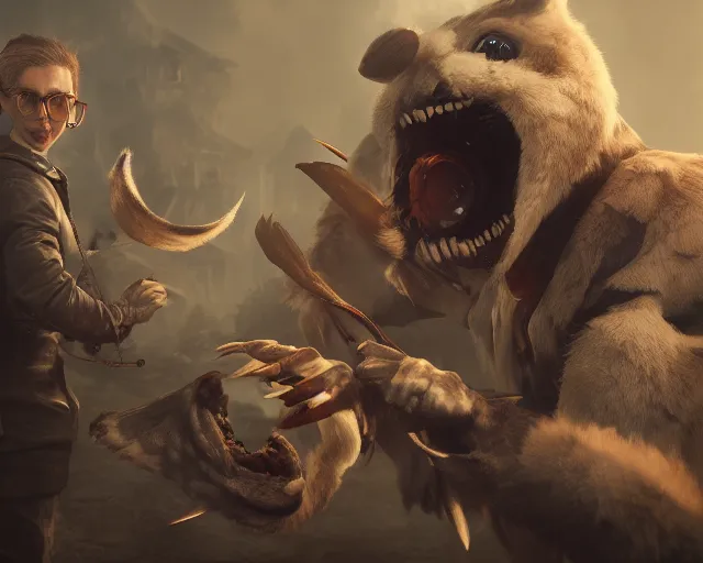 Image similar to gerald of rivia fighting with fursuit cosplayers, cinematic, concept art, wlop, beeple, highly detailed, face, hands, unreal engine, octane render