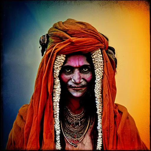 Image similar to realistic exposed expired fuji film portrait of aghori tantrik india woman, tentacled creature mix, marigold celestial vibe, hyperrealism, hypermaxiymalism, photorealistic, detailed, atmospheric, 8 k, award winning photography, cinematic