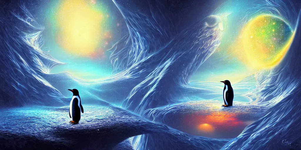 Prompt: an insanely beautiful and hyper detailed digital painting of a penguin staring out into a magical multiverse by ciryl rolando