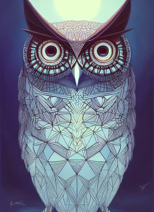 Image similar to portrait of a geometric owl, identical eyes, medium shot, illustration, full body made of white feathers, symmetrical, art stand, super detailed, cinematic lighting, and its detailed and intricate, gorgeous, by peter mohrbacher