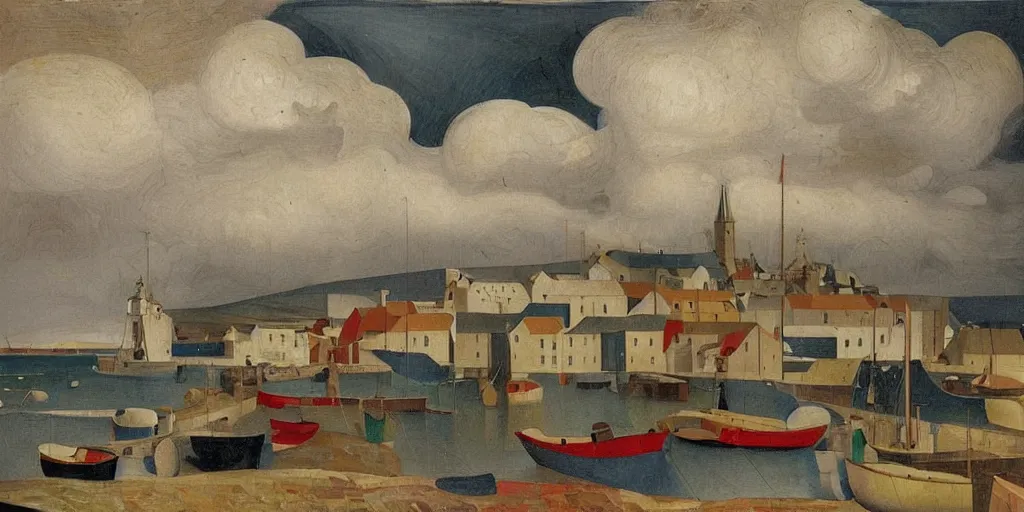 Image similar to a painting of the harbour at Stromness, orkney islands, small houses, boats, sea, stormy clouds, by Fra Angelico