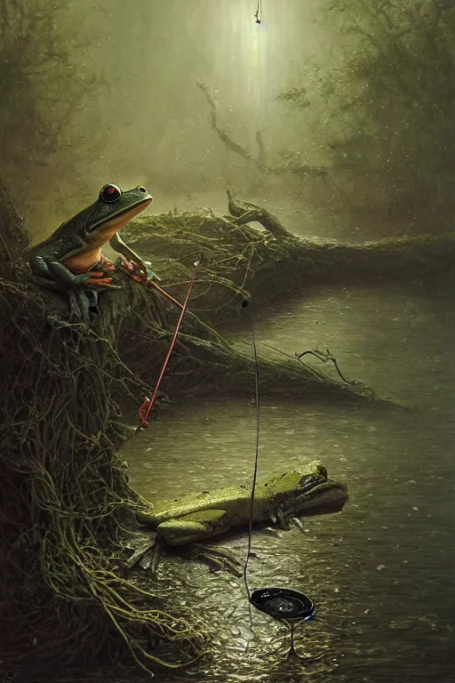 Image similar to frog fishing with a fishing pole by the water by anna podedworna, ayami kojima, greg rutkowski, giger, maxim verehin