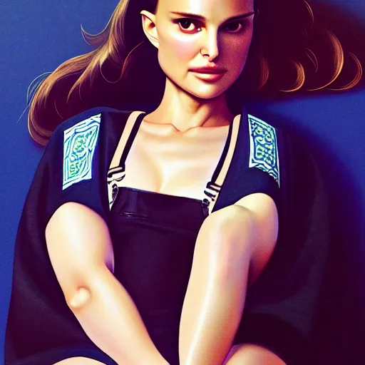 Prompt: a beautiful natalie portman alluring gravure! plus sized model, wearing oversized mayan bomber jacket and leotard with overalls, bulky poofy bomber jacket with mayan patterns, aztec street fashion, gapmoe yandere grimdark, trending on pixiv fanbox, painted by greg rutkowski makoto shinkai takashi takeuchi studio ghibli, akihiko yoshida