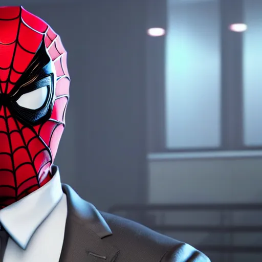 Image similar to still photo of spider - man in a suit, highly detailed, photorealistic portrait, bright studio setting, studio lighting, crisp quality and light reflections, unreal engine 5 quality render