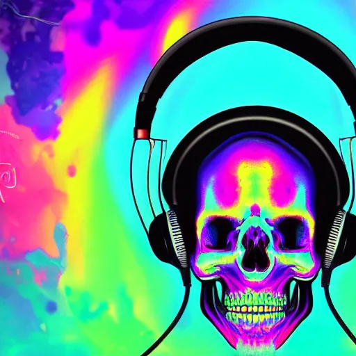 Prompt: melted human skull with headphones, retrowave, synthwave, psychedelic background with sacred geomerty elements in style of alex gray, digital art, artstation