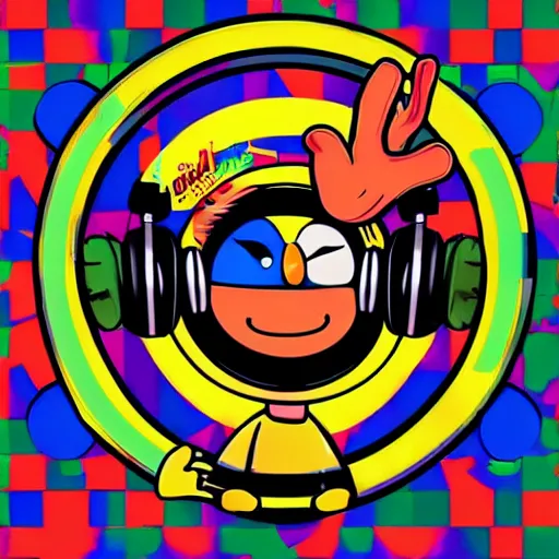 Image similar to svg sticker of a Pop-Wonder Bert&Ernie, Sesame-Street, at a rave, spinning records, giant headphones rocking out, wearing headphones, huge speakers, dancing, rave, DJ, spinning records, digital art, amazing composition, rule-of-thirds, award-winning, trending on artstation, featured on deviantart