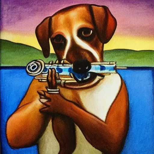 Prompt: a dog playing the flute