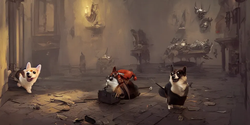 Prompt: corgi assassin infiltrating a palace, by Sergey Kolesov, trending on Artstation, 8k, masterpiece, graffiti paint, dishonored