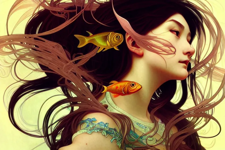 Prompt: beautiful fish, highly detailed, digital painting, artstation, sharp focus, illustration, art by tan zi and ayanamikodon and alphonse mucha and wlop