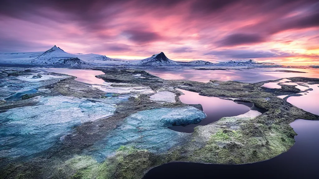 Prompt: amazing landscape photo of iceland in sunset by marc adamus, beautiful dramatic lighting