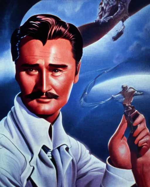 Image similar to Errol Flynn as a scientist. 1980s dystopian Soviet Russia, propaganda screens. Unreal engine, fantasy art by Gintas Galvanauskas. Faithfully depicted facial expression, perfect anatomy global illumination, radiant light, detailed and intricate environment