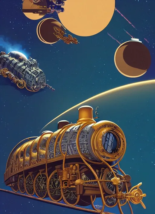 Prompt: a steampunk train in space at warp speed by paolo eleuteri serpieri and tomer hanuka and chesley bonestell and daniel merriam and tomokazu matsuyama, unreal engine, high resolution render, featured on artstation, octane, 8 k, highly intricate details, vivid colors