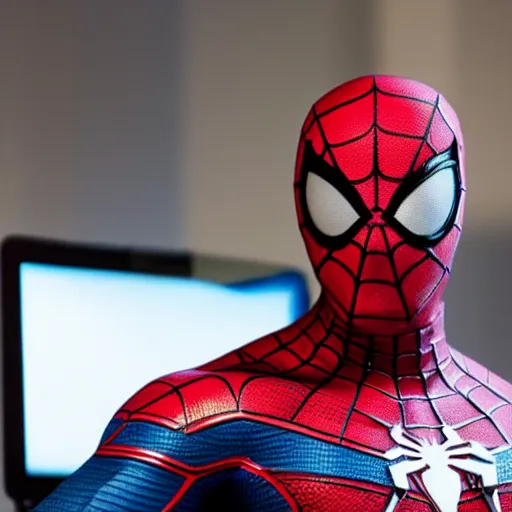 Prompt: a hyper - realistic photo taken with an iphone of a man dressed as spider - man playing video games on a pc, super highly detailed, photorealistic