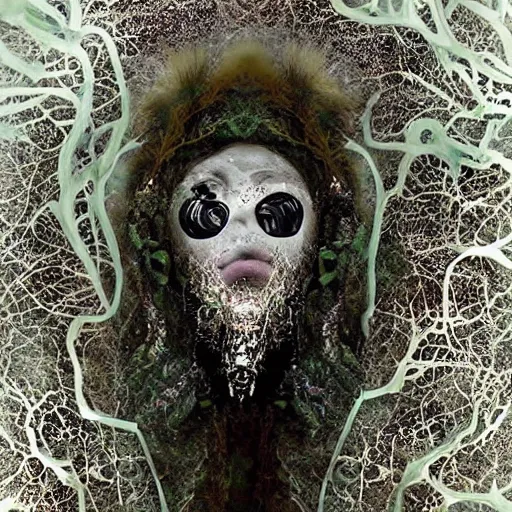 Prompt: hyphae third eye universe bacterial cellulose virtual reality portal brain to brain sensing interface time travel face mask, made of fungal mycelial mats used as textile shamanic tunnel by indigenous shamanic tribe surrounded by phurpa magica daggers of siberian forest with emerald feather white fur fungal biotecture dripping liquid latex and tentacular waterly frozen ice biocouture