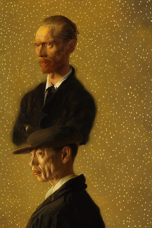 Image similar to portrait of van goh wearing high fashion, staring directly into camera, intricate, elegant, glowing lights, highly detailed, digital painting, artstation, sharp focus, illustration, art by wlop, mars ravelo and greg rutkowski