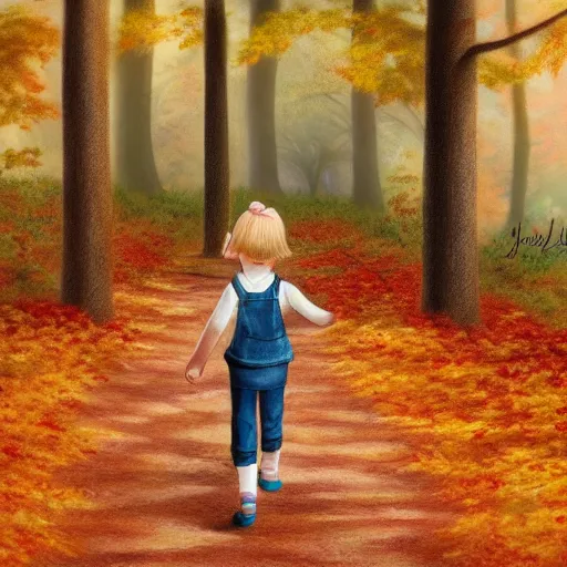 Image similar to ansell mary jane ilustration a beautiful little girl smiling, walking calmly through an autumn forest, characterized by ansell mary jane, sharp focus, highly detailed, artstation