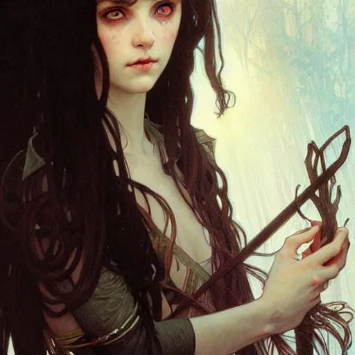 Image similar to Portrait of a pretty half-elf half-vampire young woman. Her hair is both black and white. Her eyes have red irises and vertical pupils. Art by Greg Rutkowski and Alphonse Mucha