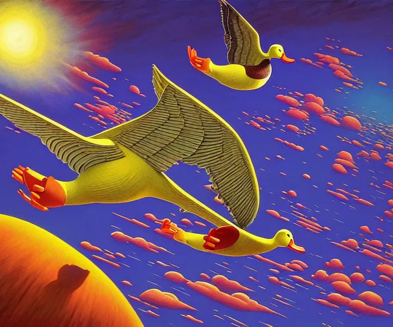 Image similar to hyper detailed 3d render like a Oil painting - a cartoon duck soaring far above the earth into deep space, by Jacek Yerka, Mariusz Lewandowski, Houdini algorithmic generative render, Abstract brush strokes, Masterpiece, Edward Hopper and James Gilleard, Zdzislaw Beksinski, Mark Ryden, Wolfgang Lettl, hints of Yayoi Kasuma, octane render, 8k