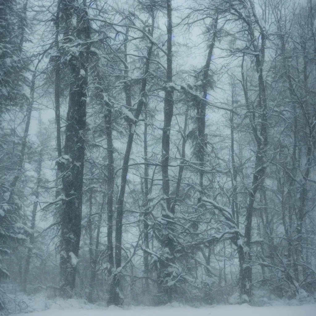 Image similar to photo, bigfoot is hiding in the background. cold color temperature, snow storm. hazy atmosphere. humidity haze. kodak ektachrome, greenish expired film, award winning, low contrast